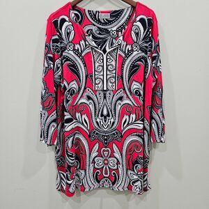 JM Collection Women Paisley Sequin Tunic Top Plus 2X Pink Boho Festival Colorful